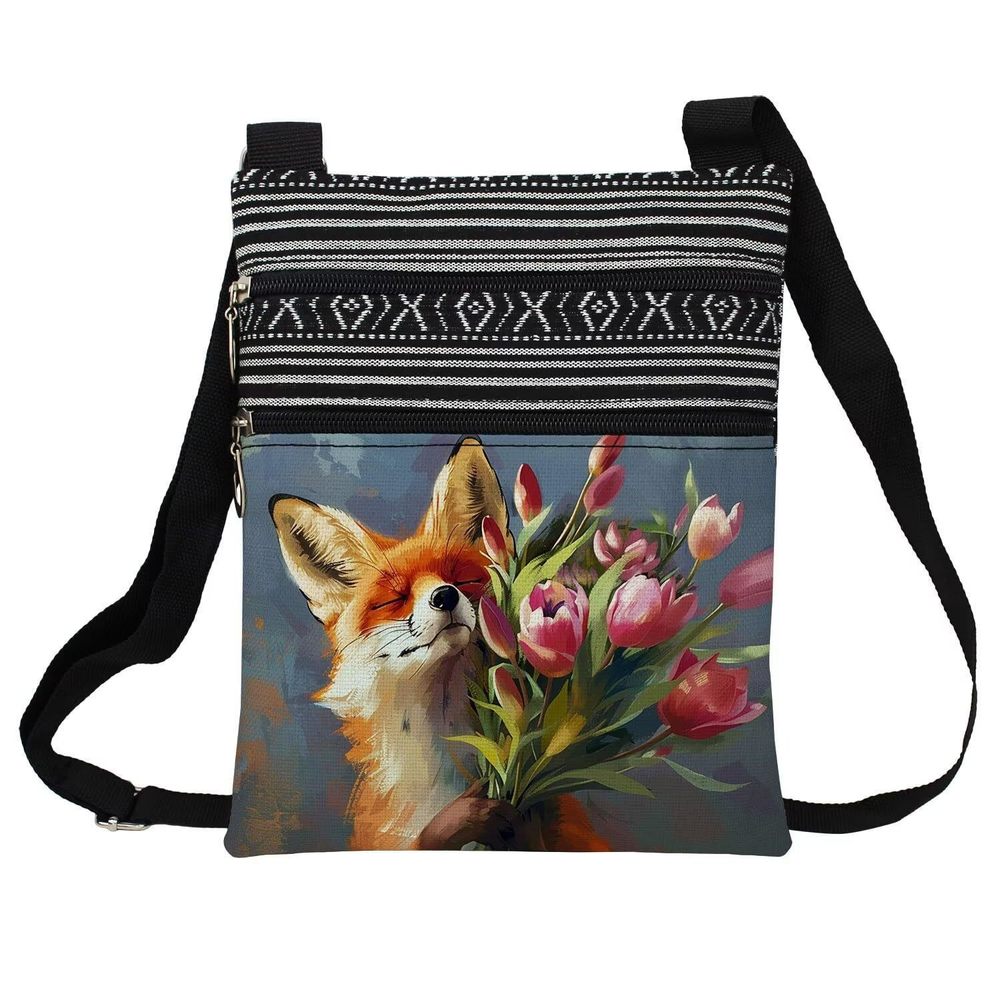 Floral Fox Messenger Bag Small Ethnic Pattern Printed Adjustable Strap UwU